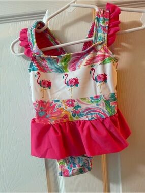Girls Pink Flamingo Ruffle One-Piece Swimsuit